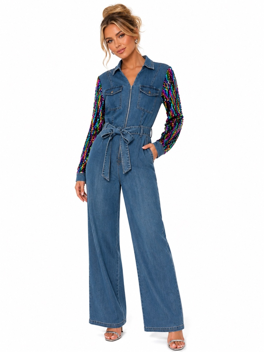 Azura Denim Jumpsuit Rainbow Sequin Sleeve Wide Leg Belted Size Small NWT